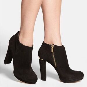 Michael Kors Haven Platform Booties Black Suede‎ Ankle with Gold Accents 9 M